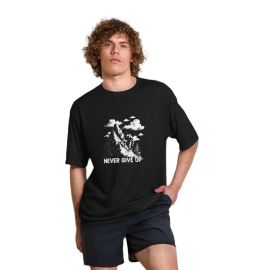 Person wearing a black t-shirt with a graphic design and text on a white background